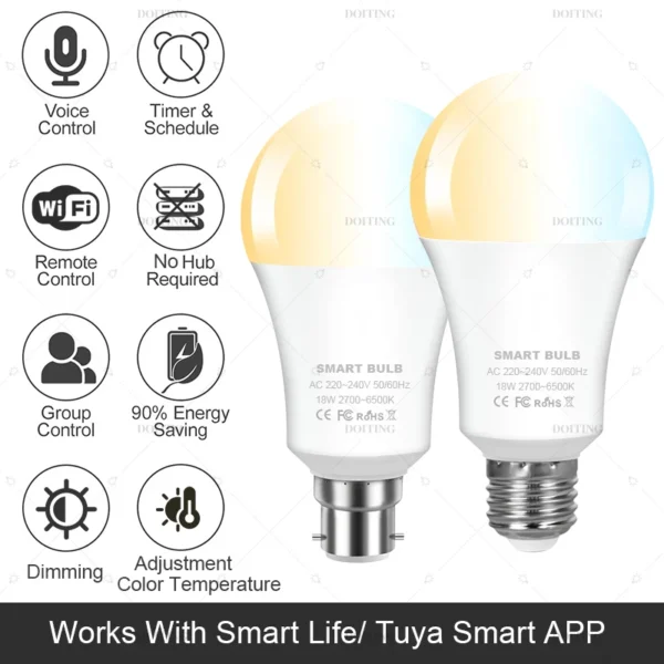 لمبة Tuya ذكية WiFi – تحكم صوتي وتوقيت، سطوع وحرارة قابلة للتعديل - Image 2